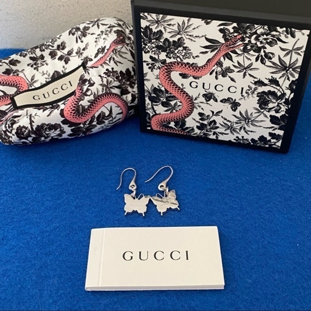 Gucci Luxury Designer Earrings 925 Sterling Silver Butterfly Drop NEW - Picture 3 of 10
